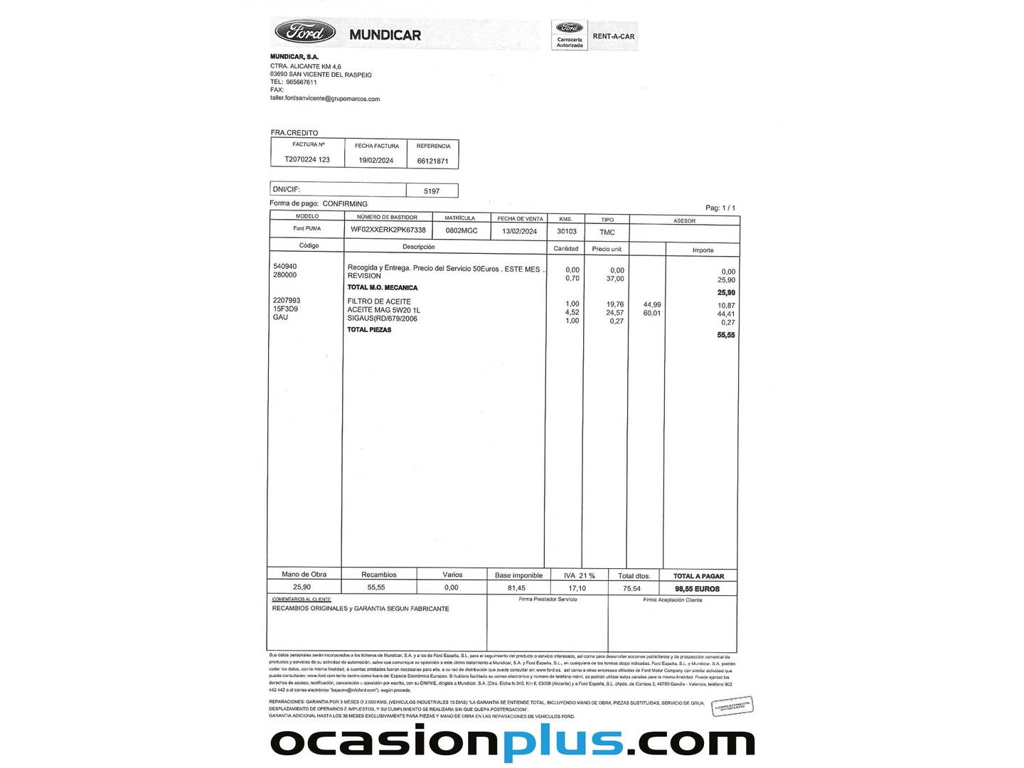 Foto del mantenimiento del Ford Puma Ford Puma 1.0 EcoBoost MHEV ST-Line X (125 CV)