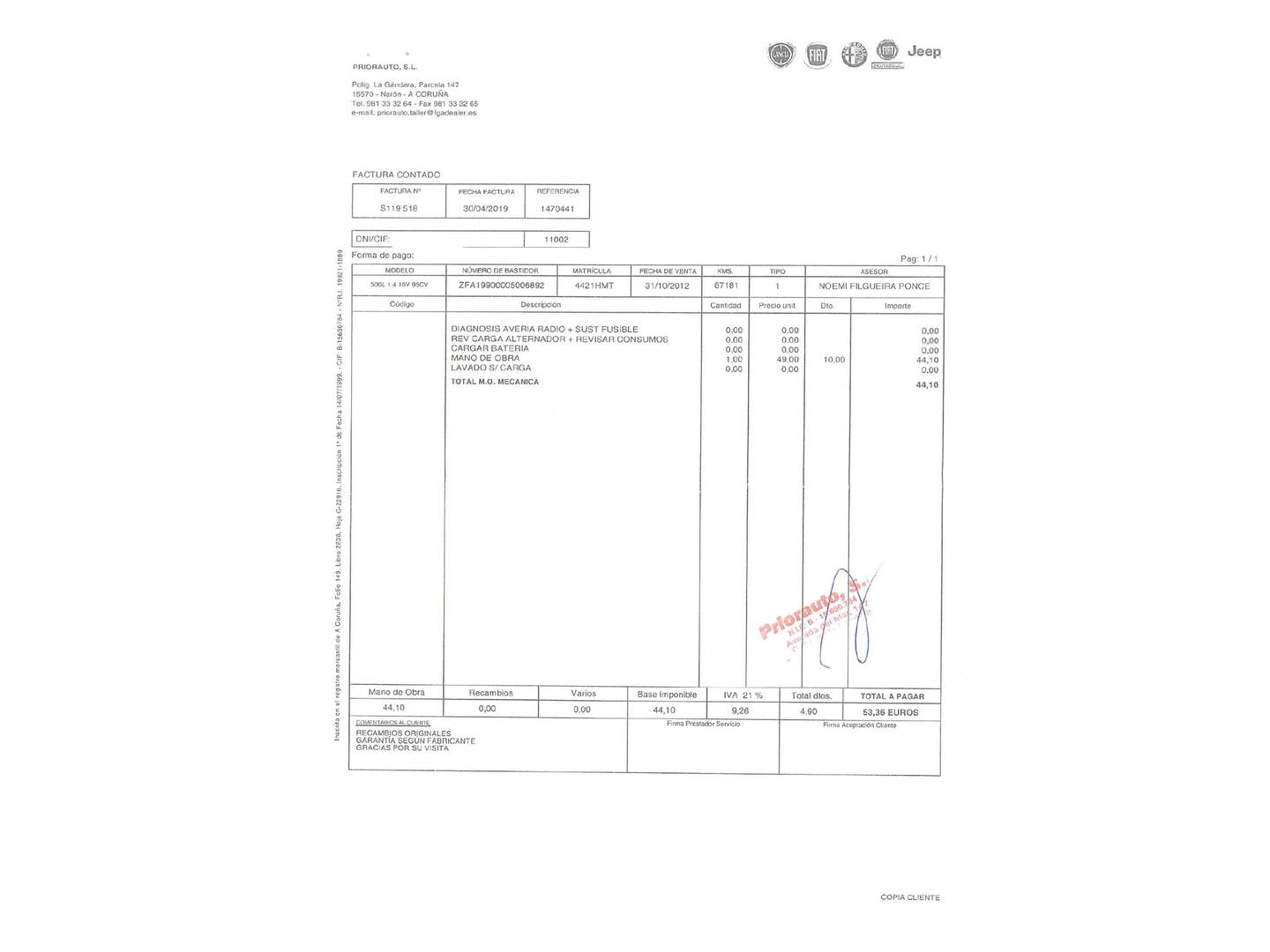 Foto del mantenimiento del Fiat 500L Fiat 500L 1.4 16v (95 CV)