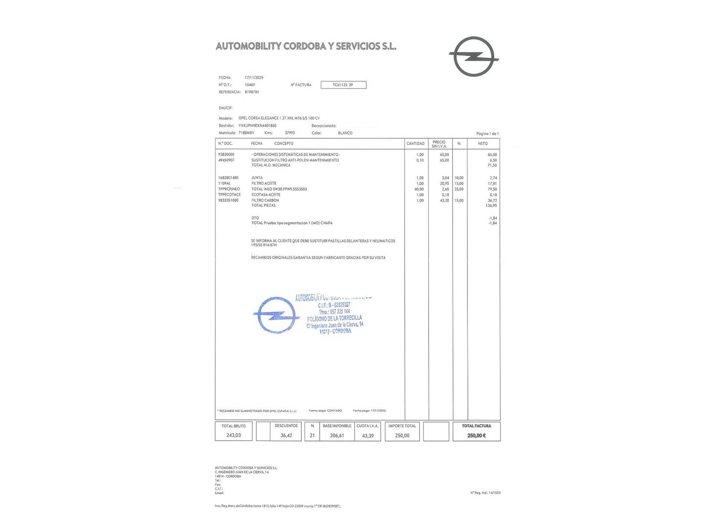Foto del mantenimiento del Opel Corsa Opel Corsa 1.2 Turbo XHL Elegance (100 CV)