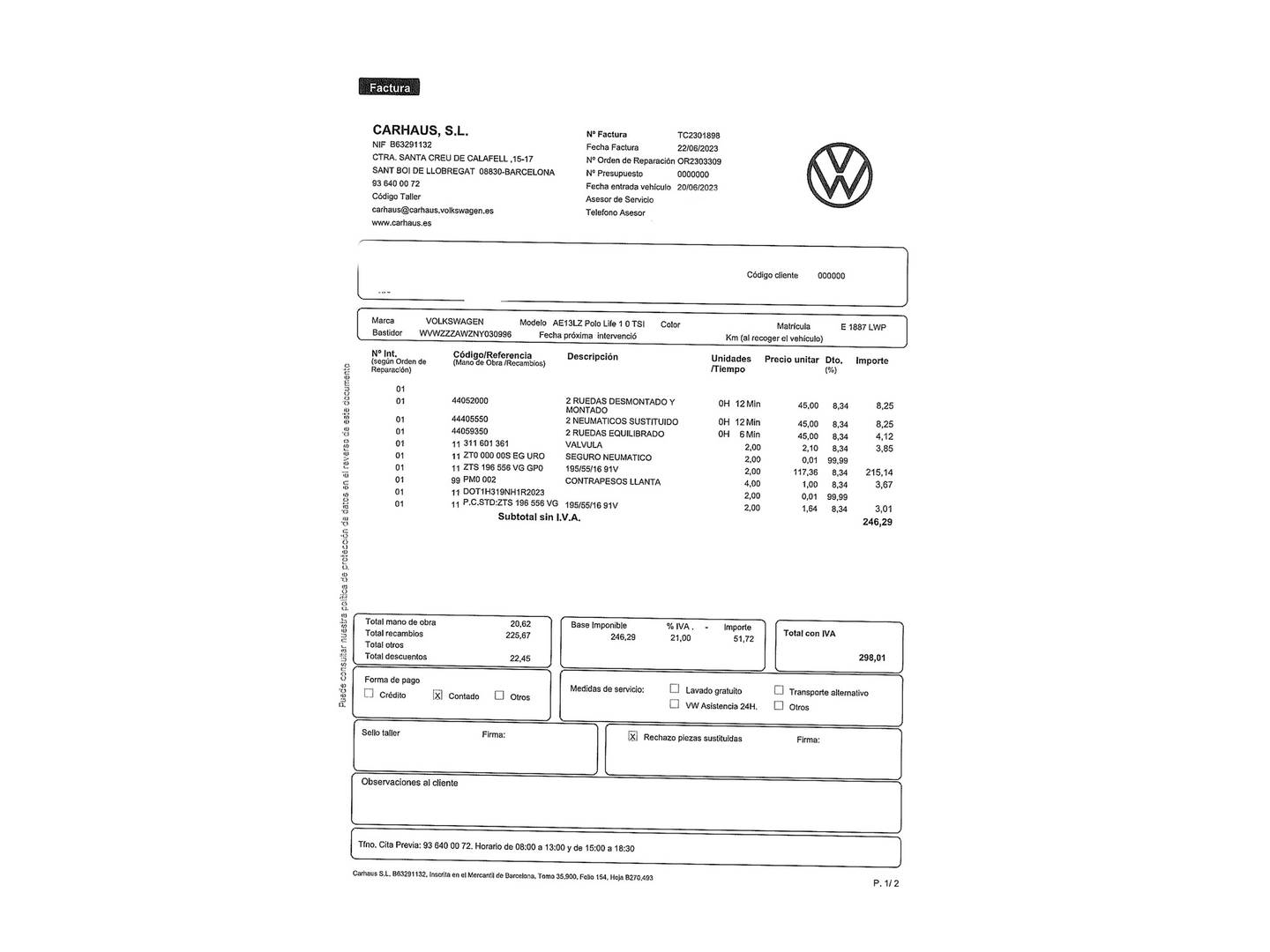 Foto del mantenimiento del Volkswagen Polo Volkswagen Polo Life 1.0 TSI (95 CV) DSG