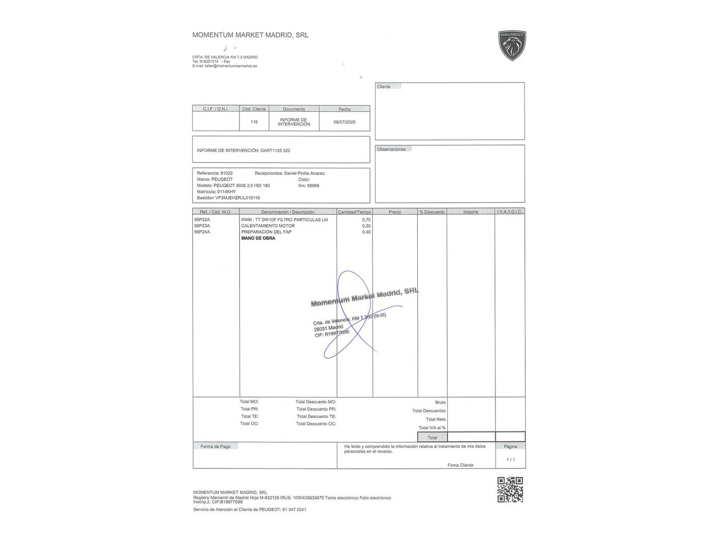 Foto del mantenimiento del Peugeot 5008 Peugeot 5008 BlueHDi 180 S&S GT EAT8 (180 CV) 7 Plazas