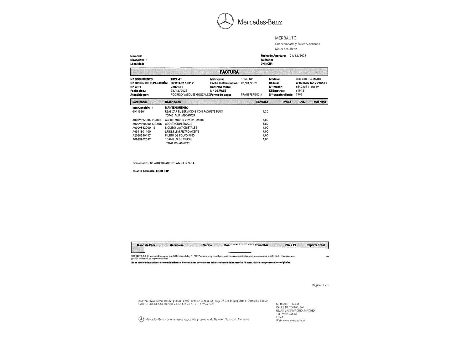Foto del mantenimiento del Mercedes Clase GLC Mercedes GLC 200 d 4Matic (163 CV) Pack AMG