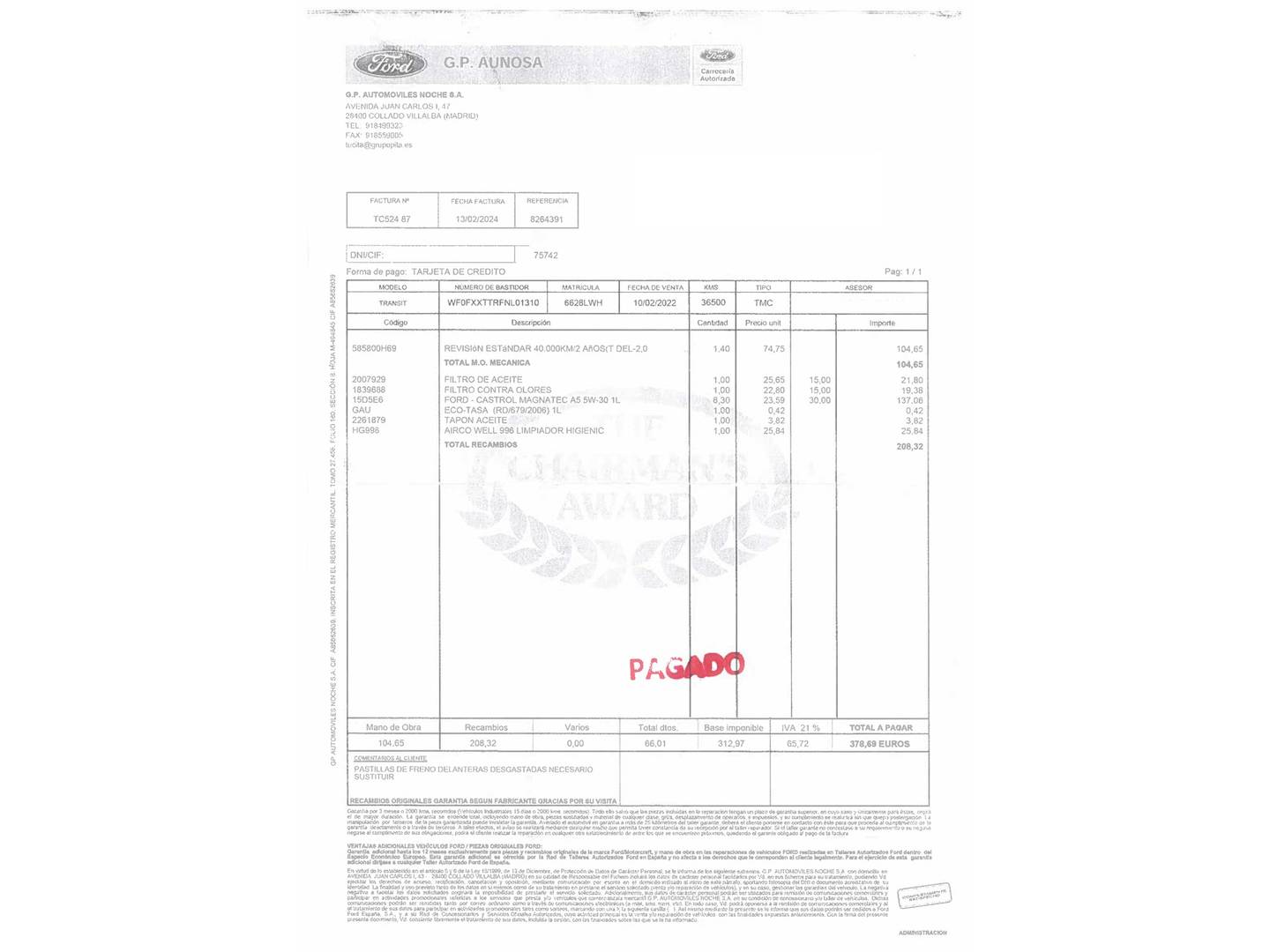 Foto del mantenimiento del Ford Transit Ford Transit Furgon 350 DC L3H2 Trend FWD (130 CV) 7 Plazas