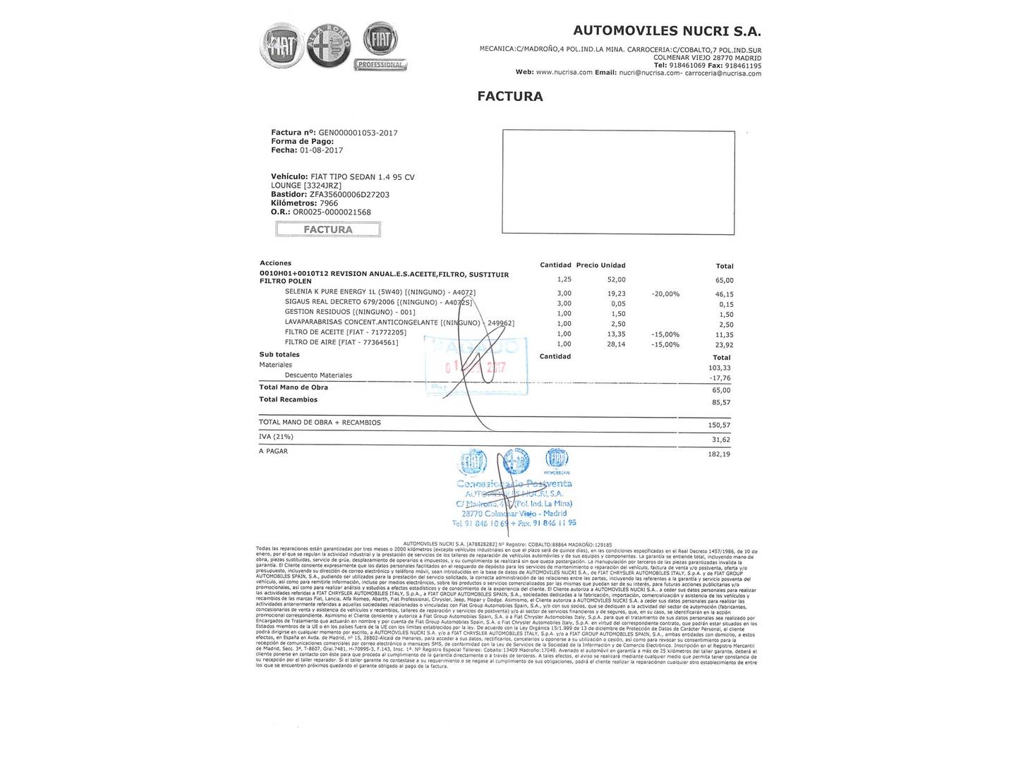 Foto del mantenimiento del Fiat Tipo Fiat Tipo Sedan 1.4 Lounge (95 CV)