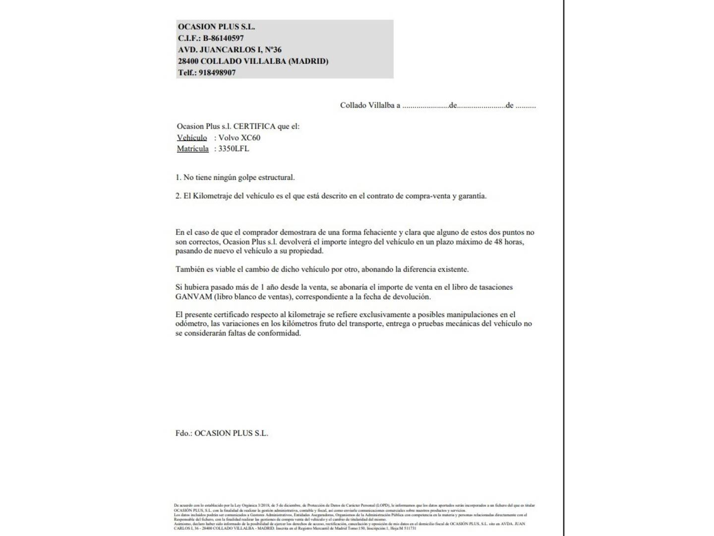 Foto del certificado del Volvo XC60 Volvo XC60 T4 Business Plus Auto (190 CV)