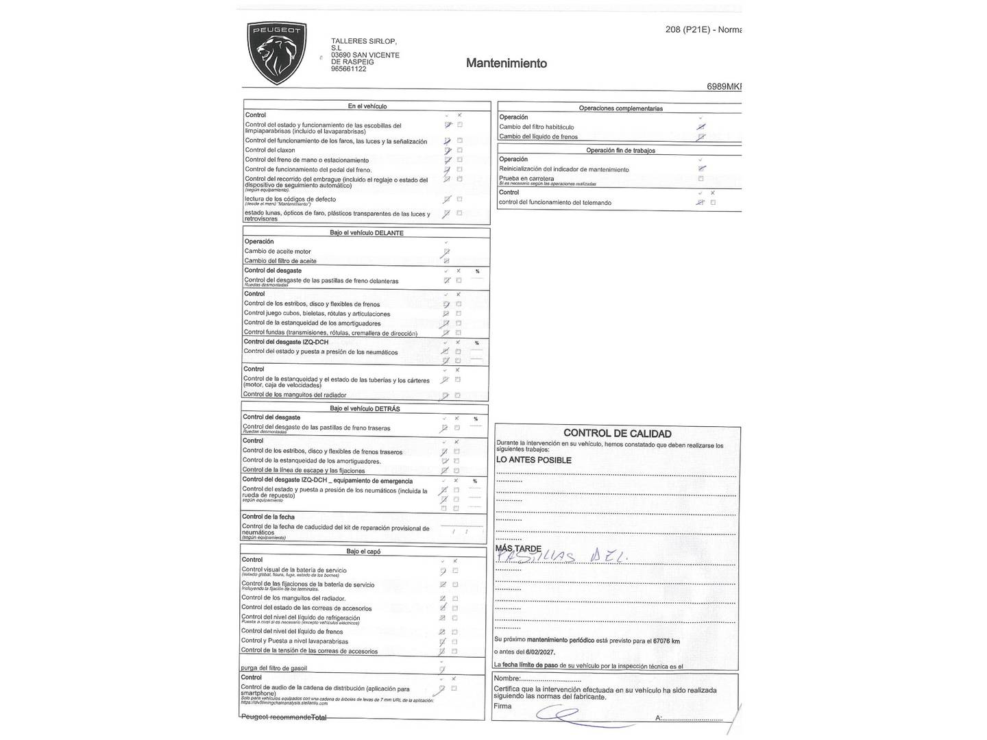 Foto del mantenimiento del Peugeot 208 Peugeot 208 BlueHDi 100 Active Pack (100 CV)