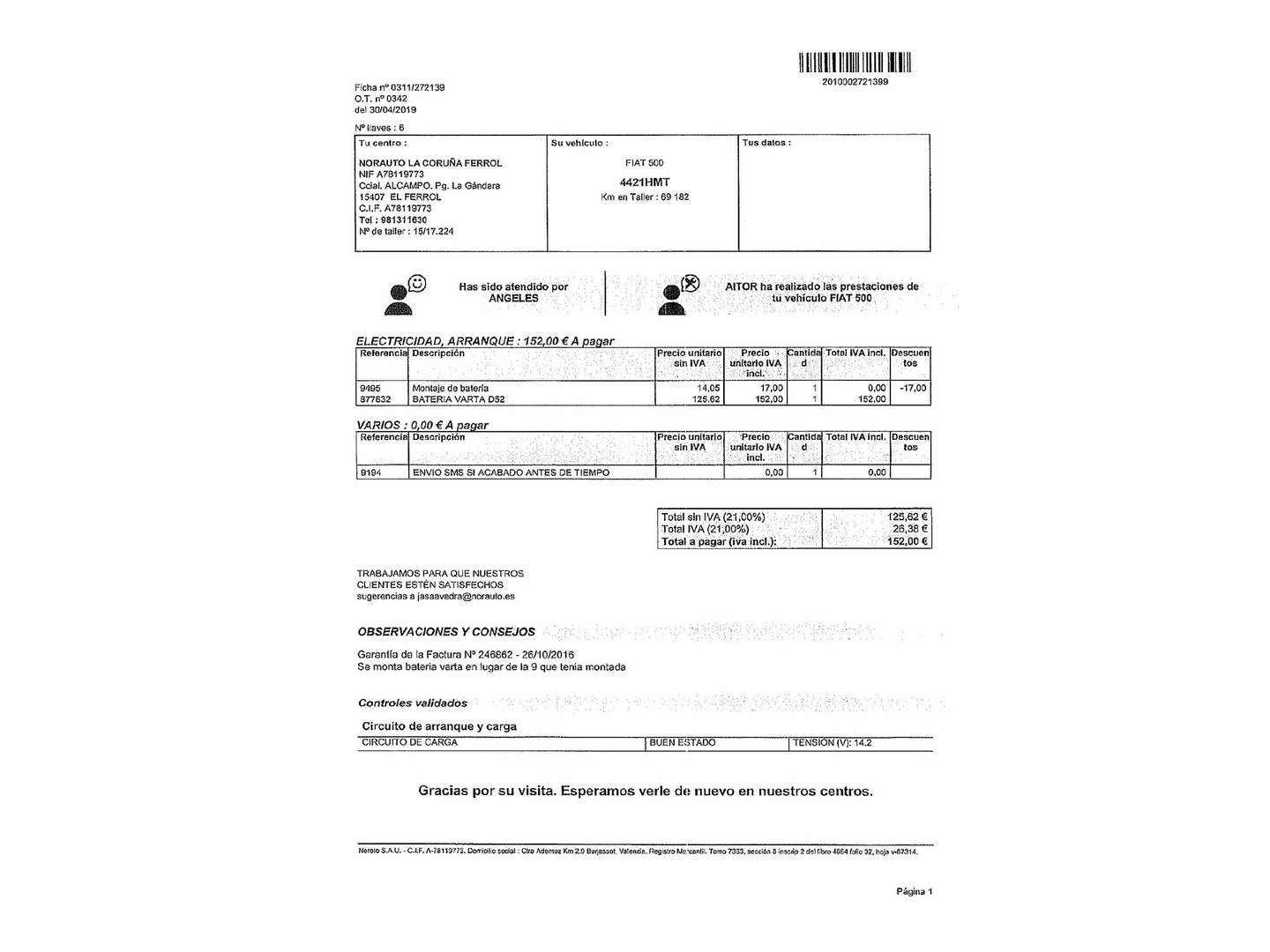 Foto del mantenimiento del Fiat 500L Fiat 500L 1.4 16v (95 CV)