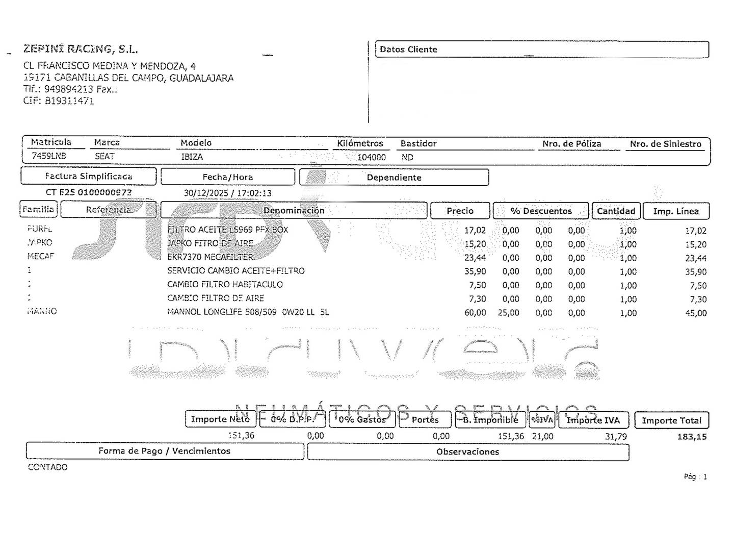 Foto del mantenimiento del Seat Ibiza Seat Ibiza 1.0 TGI FR Go (90 CV)