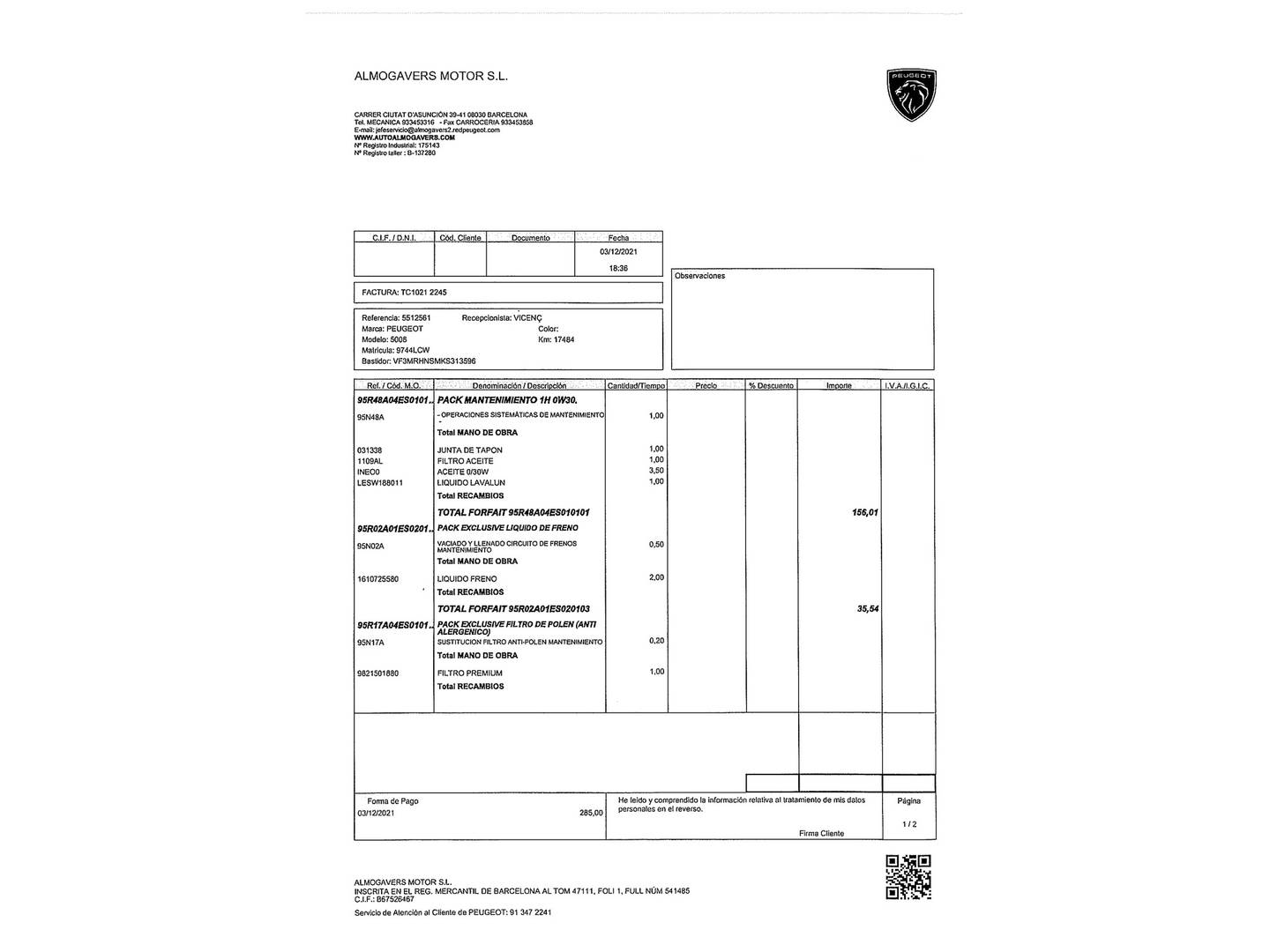 Foto del mantenimiento del Peugeot 5008 Peugeot 5008 PureTech 130 GT Line (130 CV) 7 Plazas
