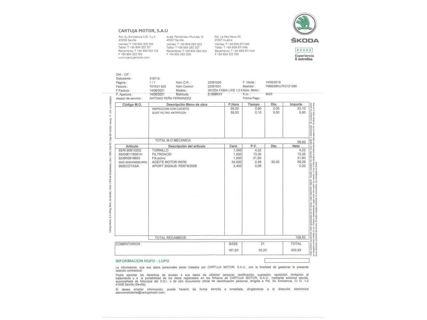 Foto del certificado del Skoda Fabia Skoda Fabia 1.0 MPI Like (75 CV)