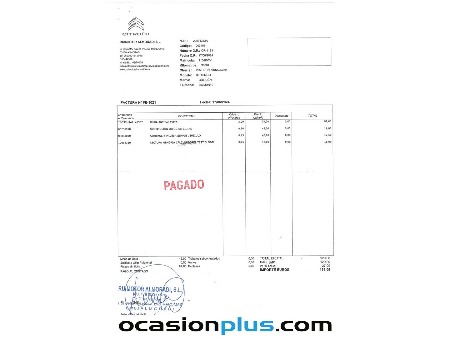 Foto del mantenimiento del Citroën Berlingo Citroën Berlingo Combi PureTech 110 S&S Talla M Feel (110 CV)