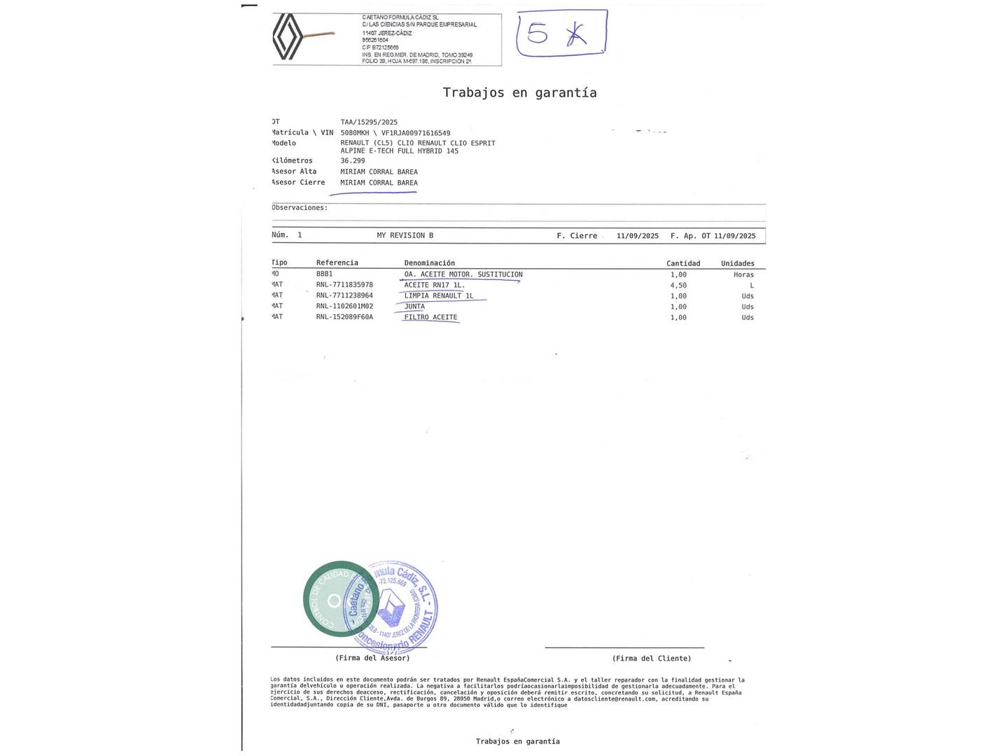 Foto del mantenimiento del Renault Clio Renault Clio Esprit Alpine E-Tech (145 CV)