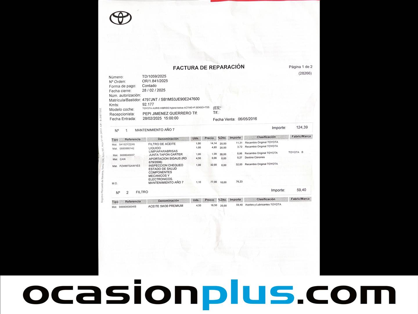 Foto del mantenimiento del Toyota Auris Toyota Auris 140H Hybrid Active (136 CV)