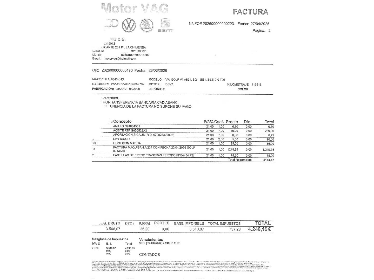 Foto del mantenimiento del Volkswagen Golf Volkswagen Golf Sport 2.0 TDI (150 CV) DSG