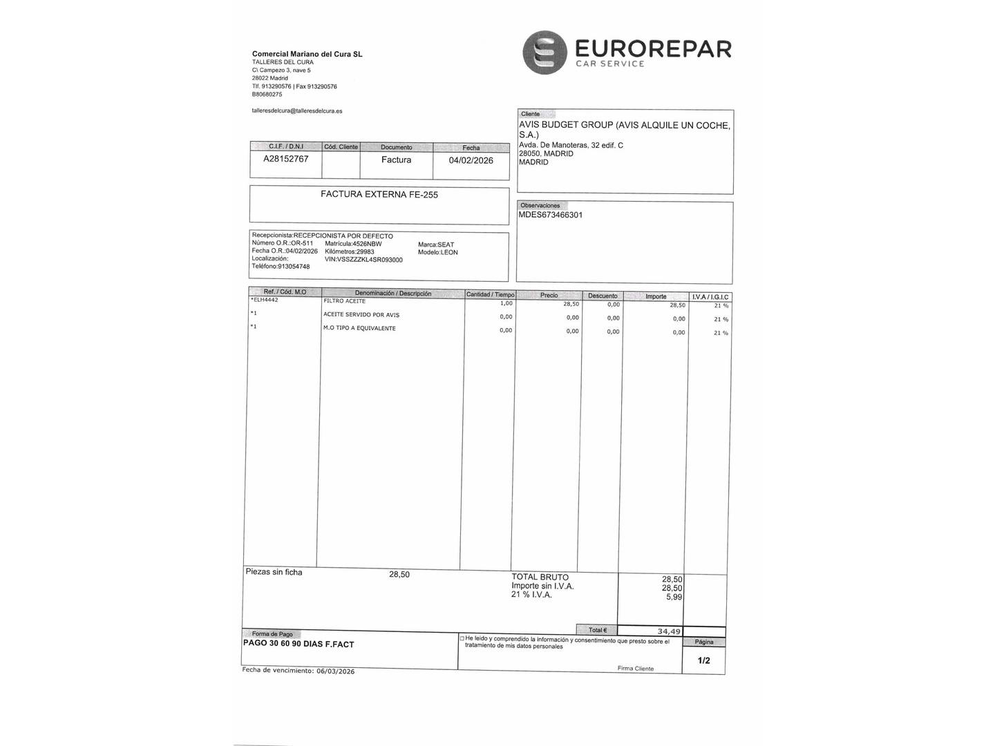 Foto del mantenimiento del Seat León Seat León 1.5 eTSI Style 25 Aniversario DSG (116 CV)