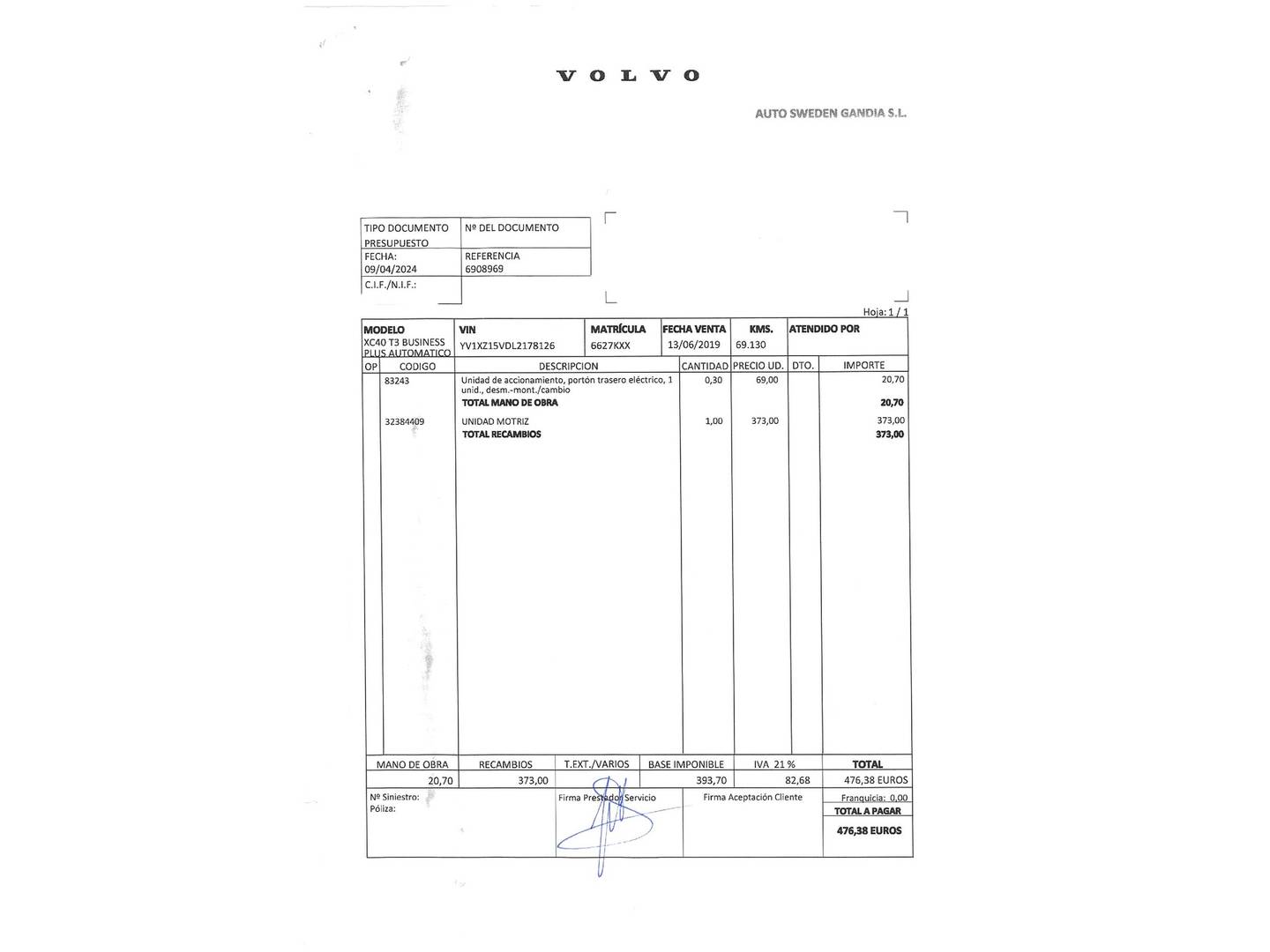 Foto del mantenimiento del Volvo XC40 Volvo XC40 T3 Business Plus Auto (163 CV)
