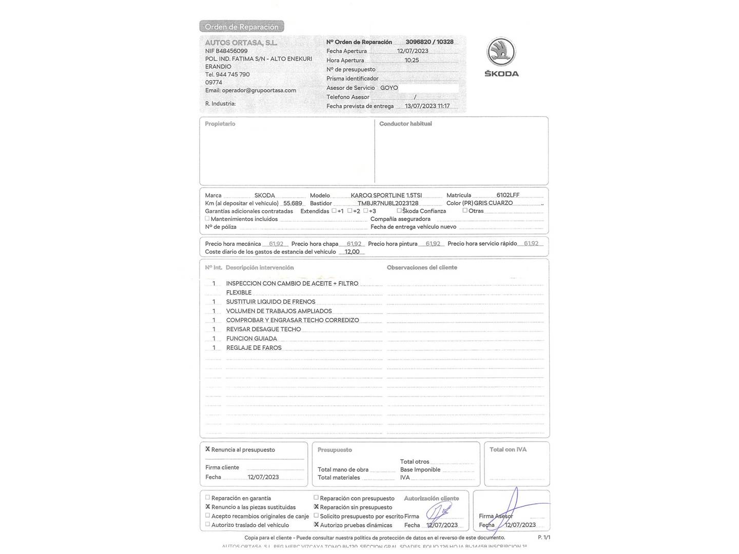 Foto del mantenimiento del Skoda Karoq Skoda Karoq 1.5 TSI ACT Sportline DSG (150 CV)