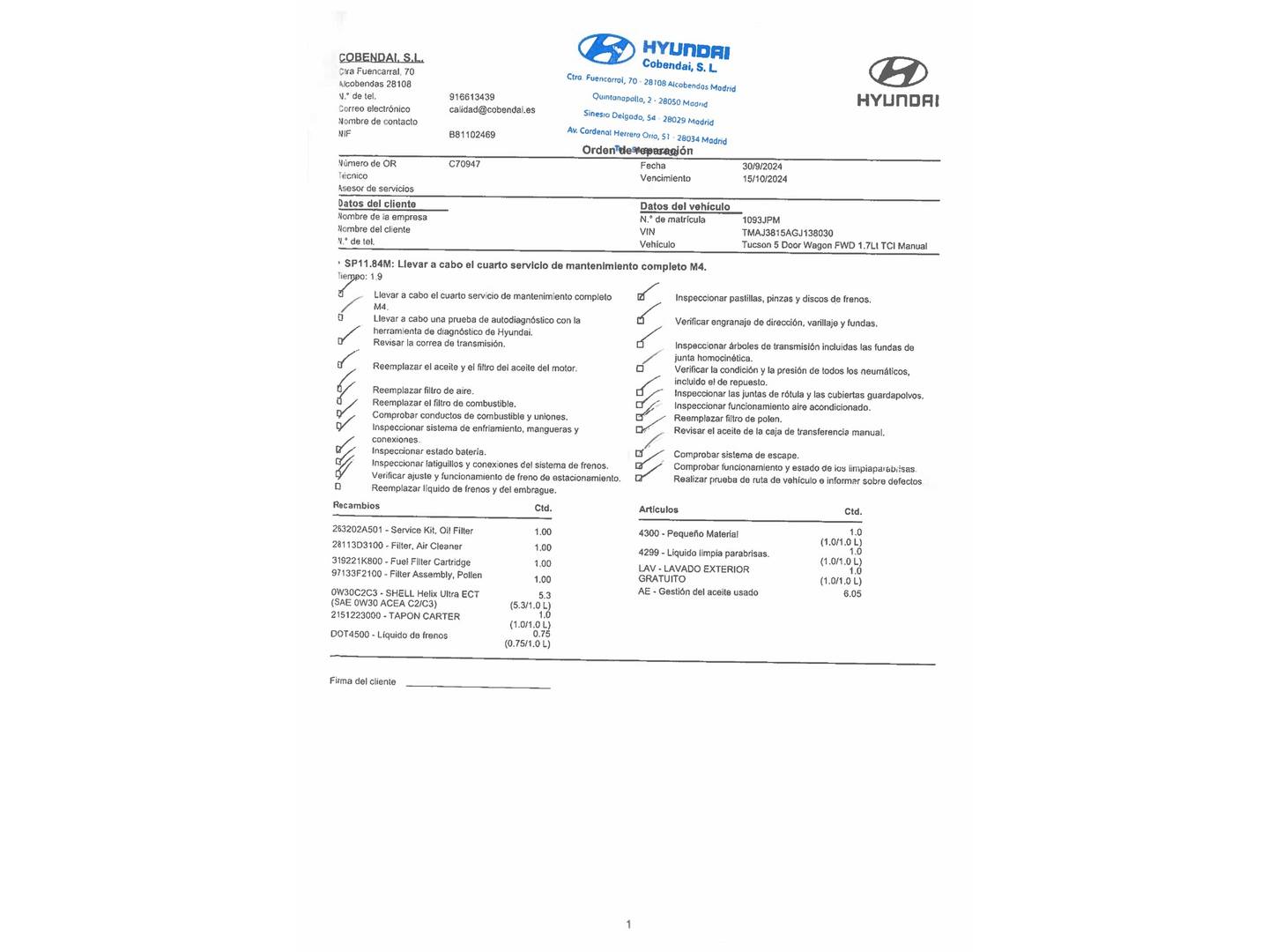 Foto del mantenimiento del Hyundai Tucson Hyundai Tucson 1.7 CRDI BlueDrive Tecno Sky 4x2 (115 CV)