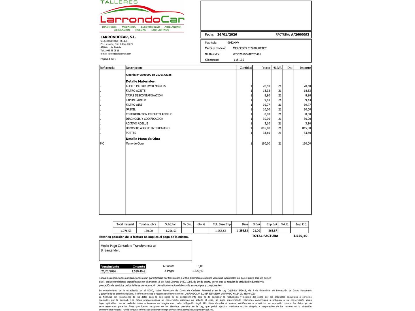 Foto del mantenimiento del Mercedes Clase C Mercedes Clase C 220 BlueTEC Sportive Exclusive (170 CV)