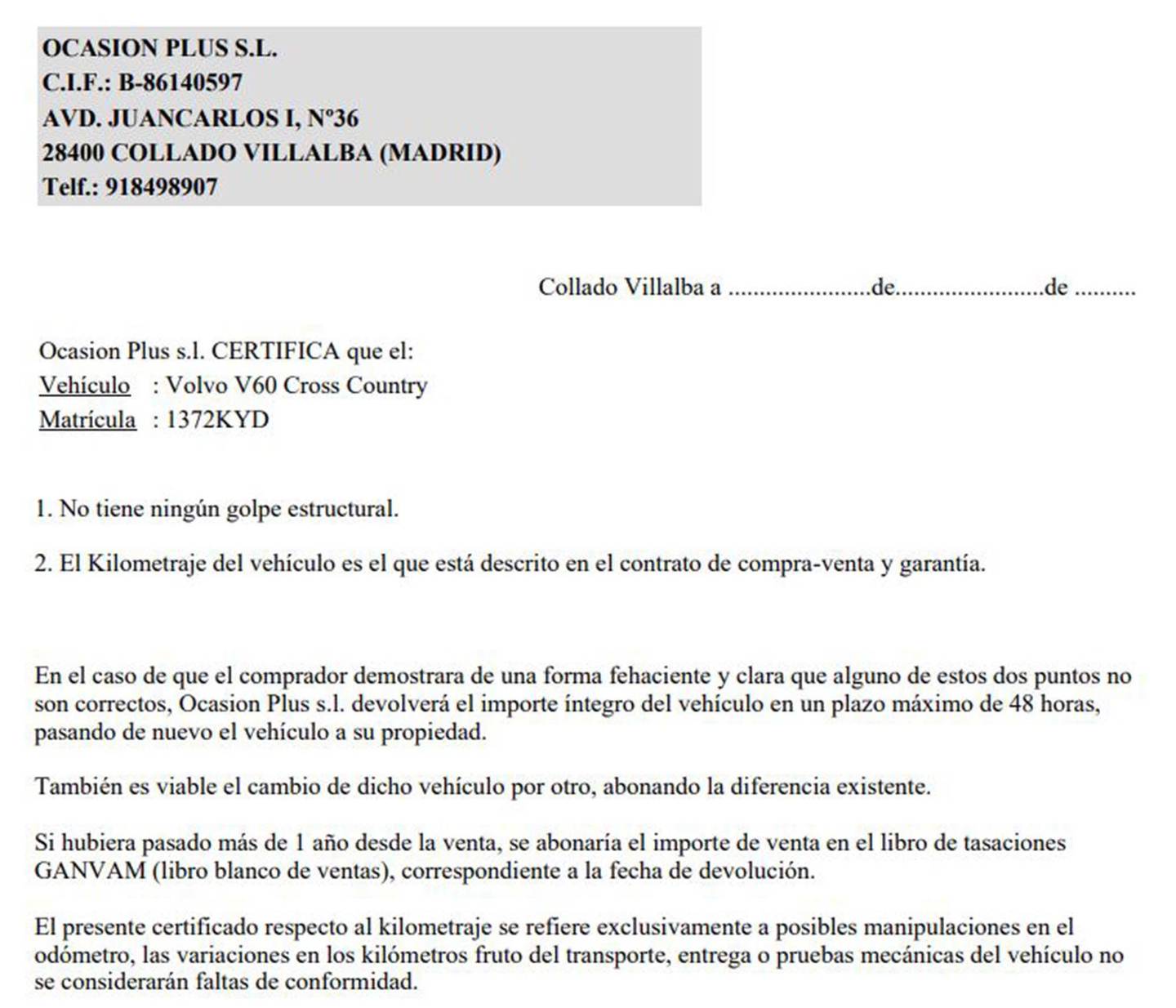 Foto del certificado del Volvo V60 Cross Country Volvo V60 Cross Country D4 AWD Auto  (190 CV)