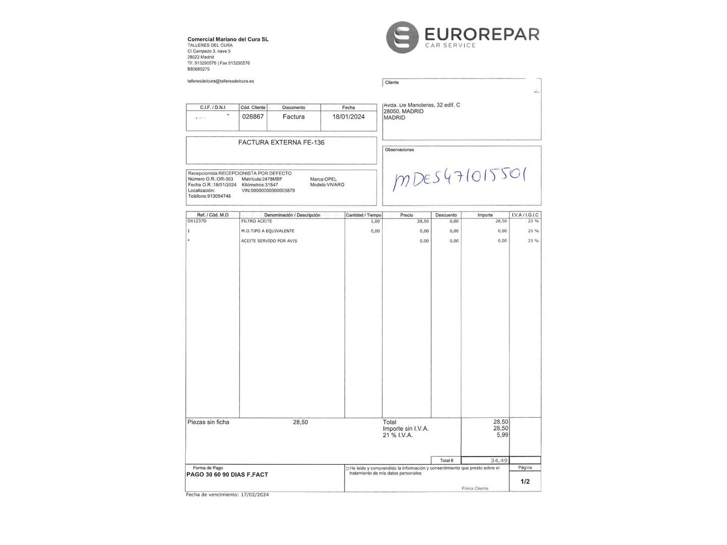 Foto del mantenimiento del Opel Vivaro Opel Vivaro Furgon 1.5 Diésel L Incrementada Select (102 CV)