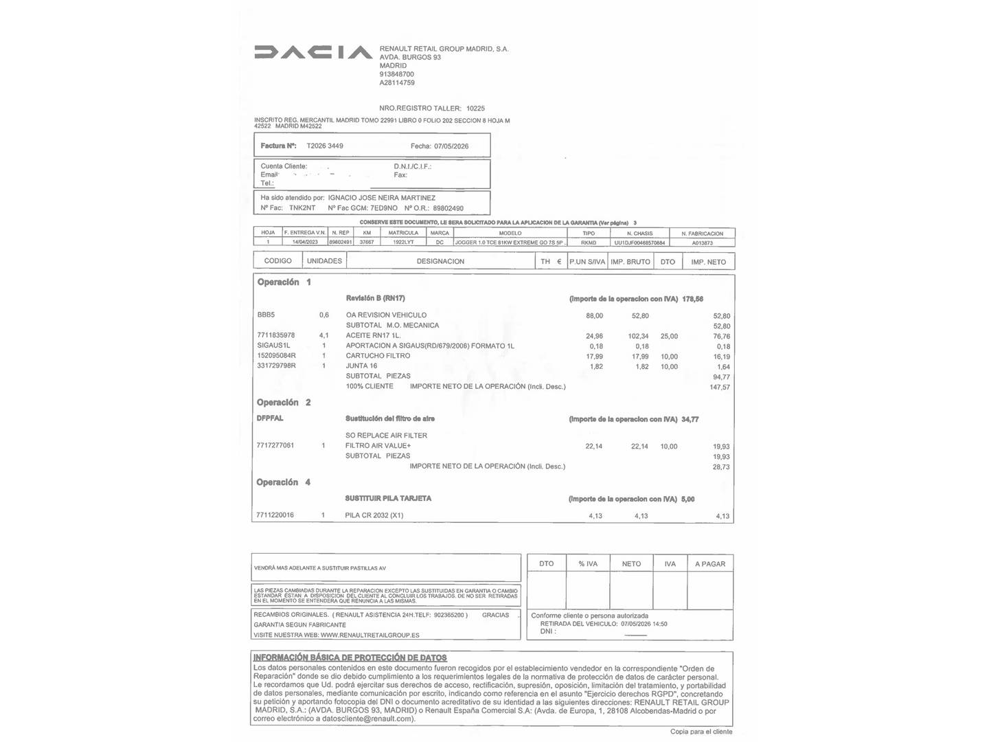 Foto del mantenimiento del Dacia Jogger Dacia Jogger Serie Limitada Extreme TCe (110 CV) 7 Plazas