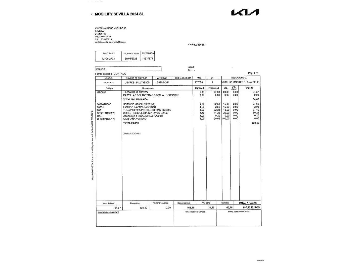 Foto del mantenimiento del KIA Sportage KIA Sportage 1.6 MHEV GT Line Xtreme Plus 4x2 (136 CV)