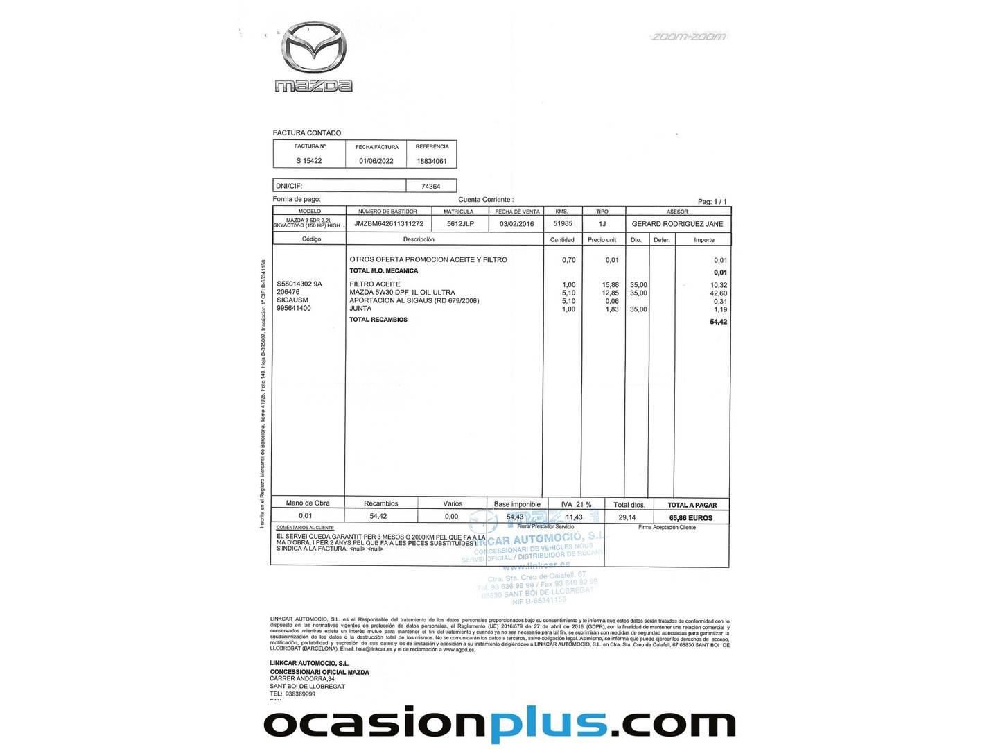 Foto del mantenimiento del Mazda Mazda3 Mazda Mazda 3 2.2 DE Luxury (150 CV)