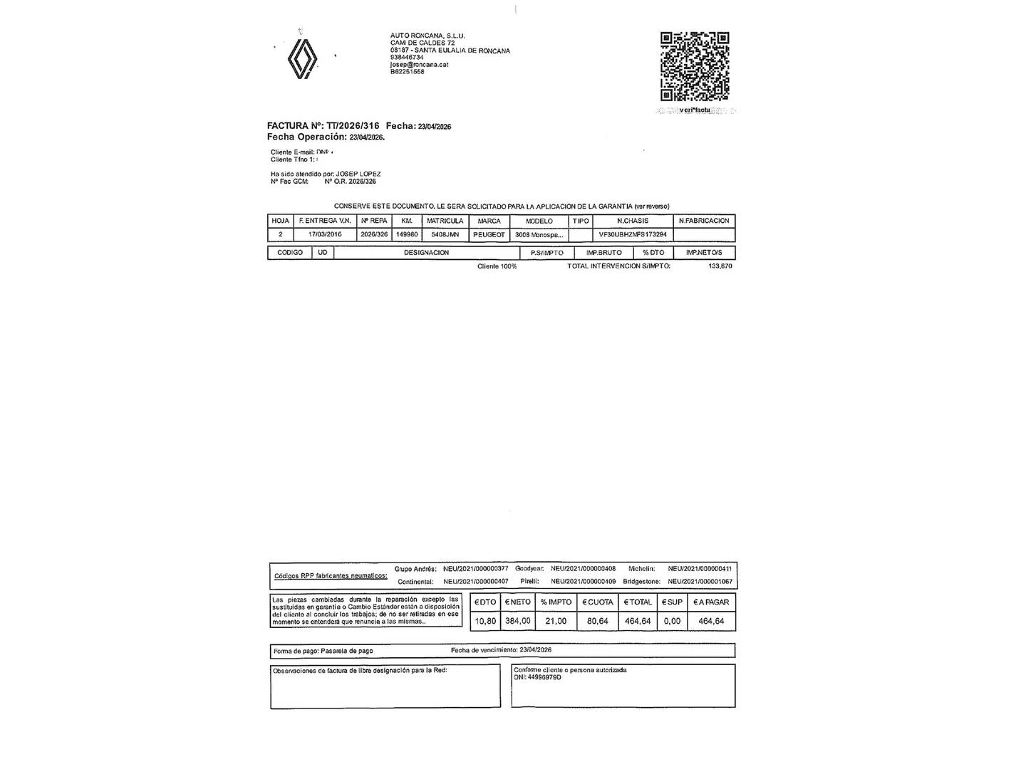 Foto del mantenimiento del Peugeot 3008 Peugeot 3008 1.6 BlueHDi FAP Allure (120 CV)