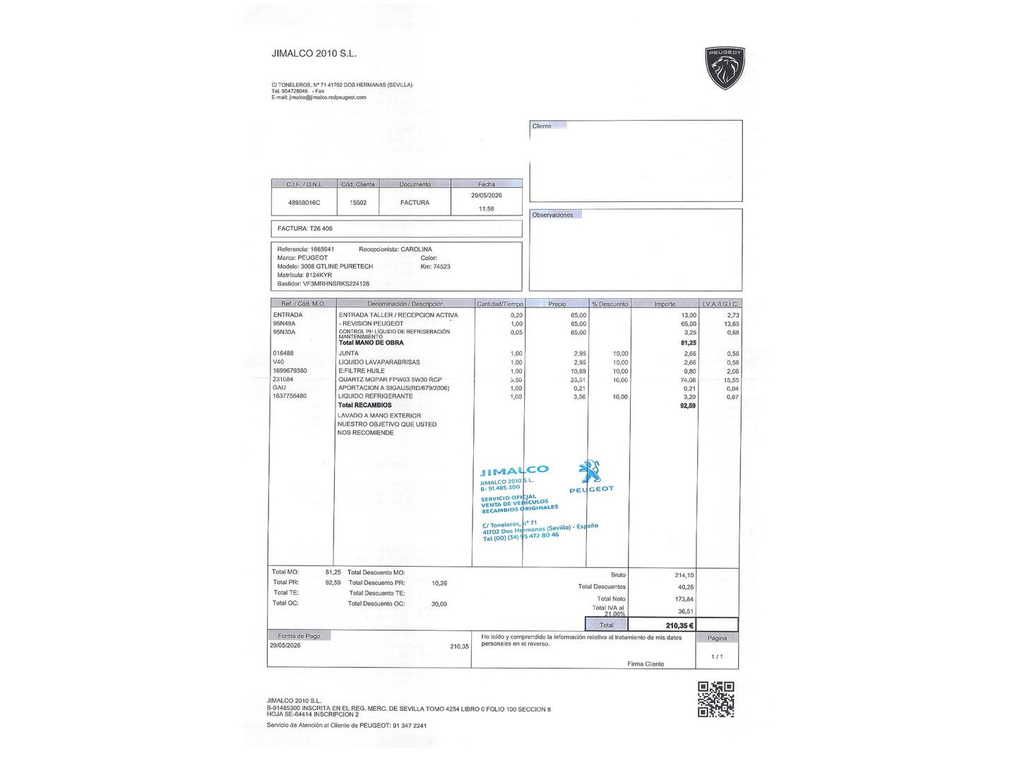 Foto del mantenimiento del Peugeot 3008 Peugeot 3008 PureTech 130 S&S GT Line EAT8 (130 CV)