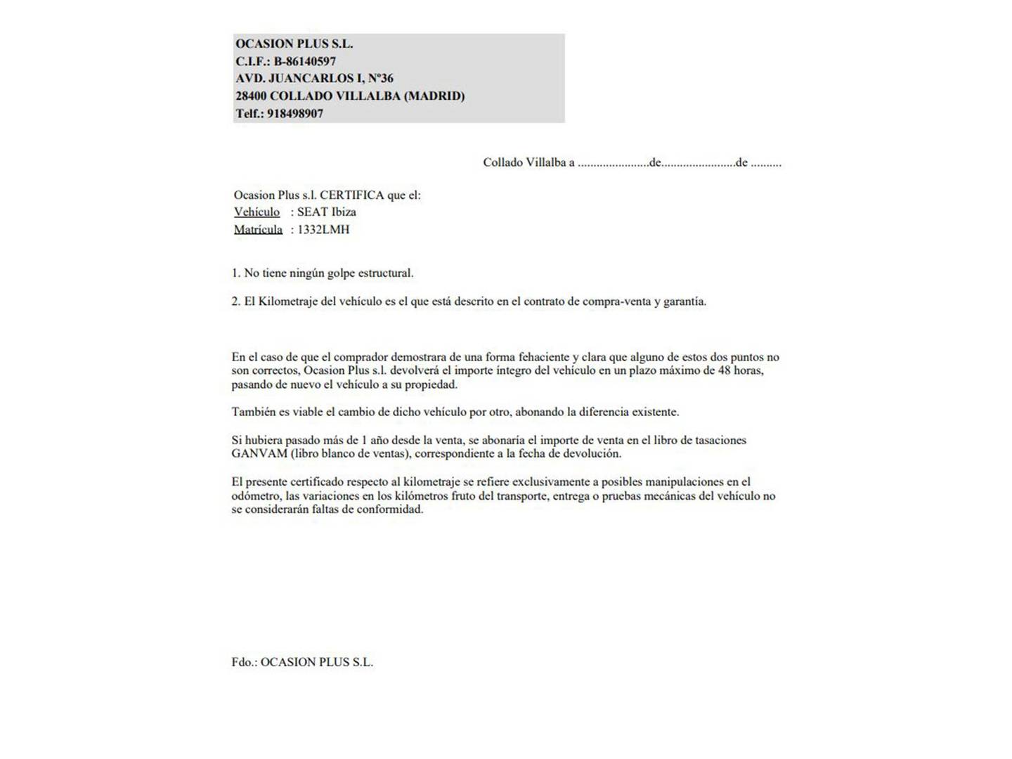 Foto del certificado del Seat Ibiza Seat Ibiza 1.0 TSI FR (110 CV)