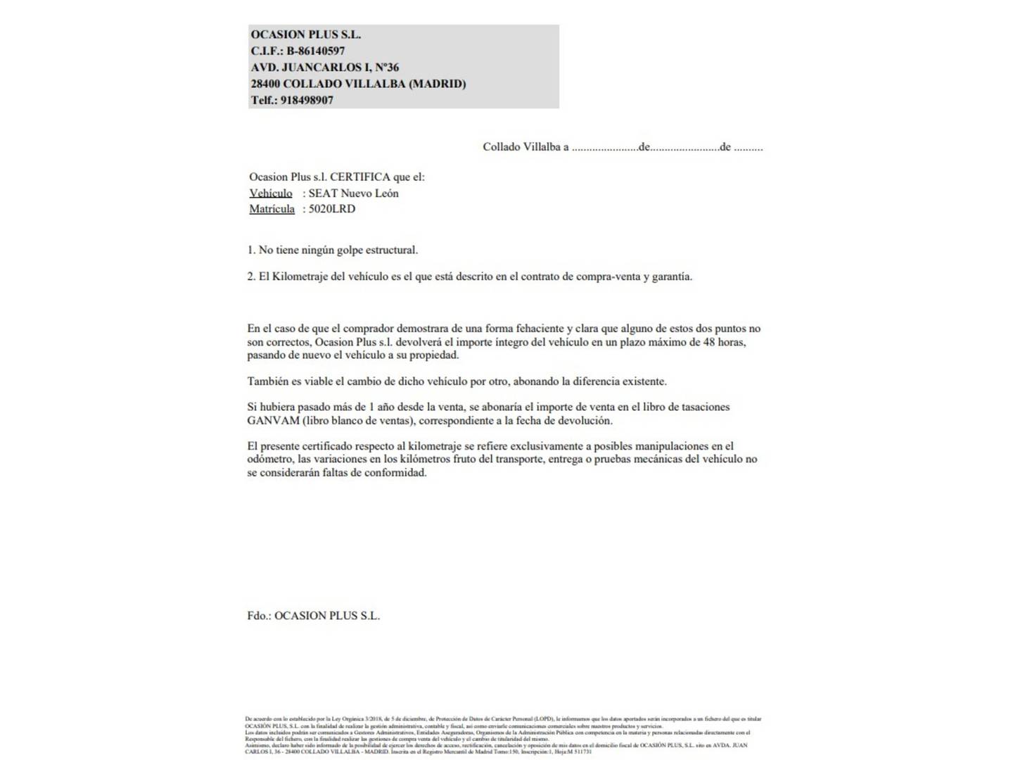 Foto del certificado del Seat León Seat León 1.5 TSI S&S FR Go L (150 CV)