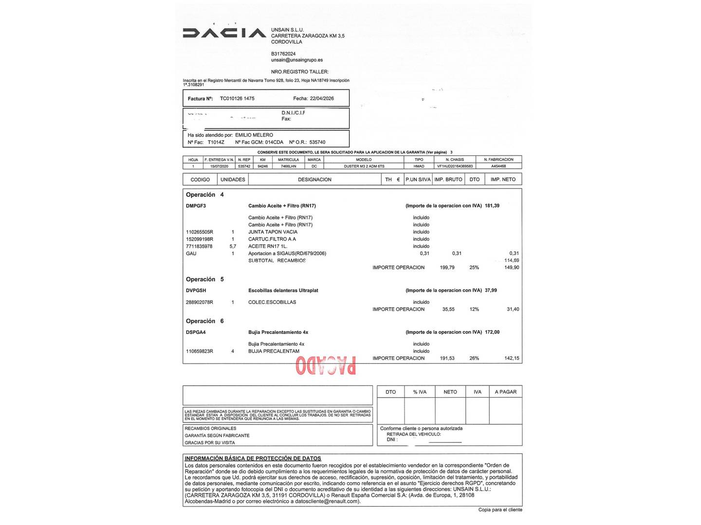 Foto del mantenimiento del Dacia Duster Dacia Duster Comfort Blue dCi (115 CV) 4X2