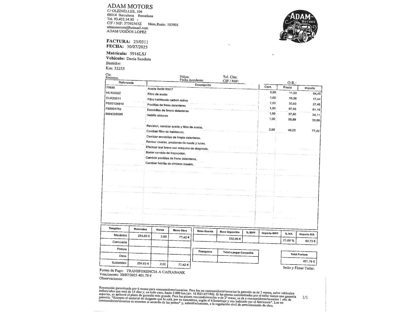 Foto del mantenimiento del Dacia Duster Dacia Duster Prestige TCE (150 CV) EDC