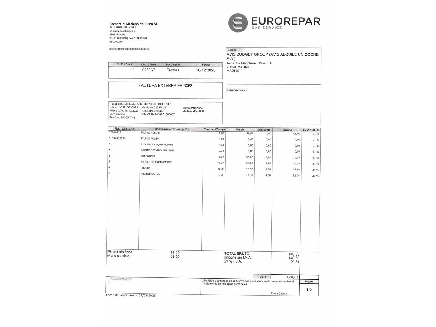 Foto del mantenimiento del Renault Master RENAULT Master Furgón T L2H2 3500 B dCi E (150CV)