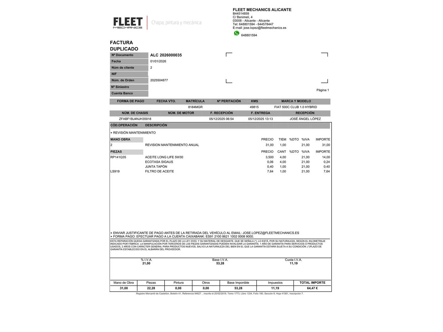 Foto del mantenimiento del Fiat 500C Fiat 500C 1.0 Hybrid Club (70 CV)