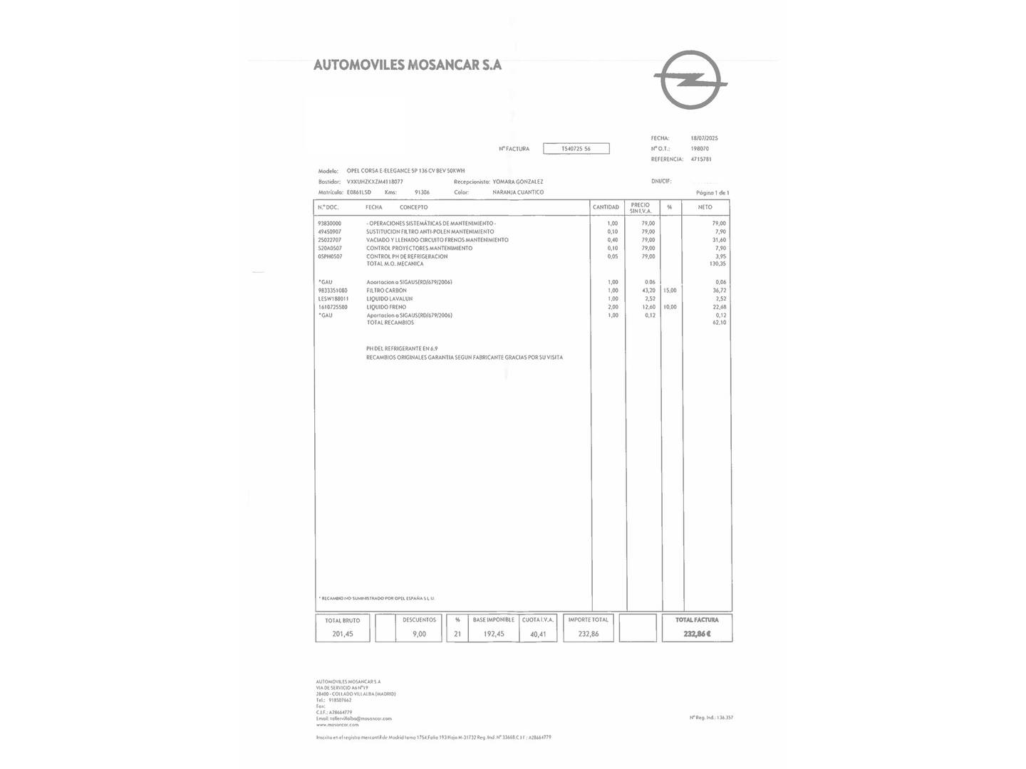 Foto del certificado del Opel Corsa-e Opel Corsa-e 50kWh Elegance-e (136 CV)