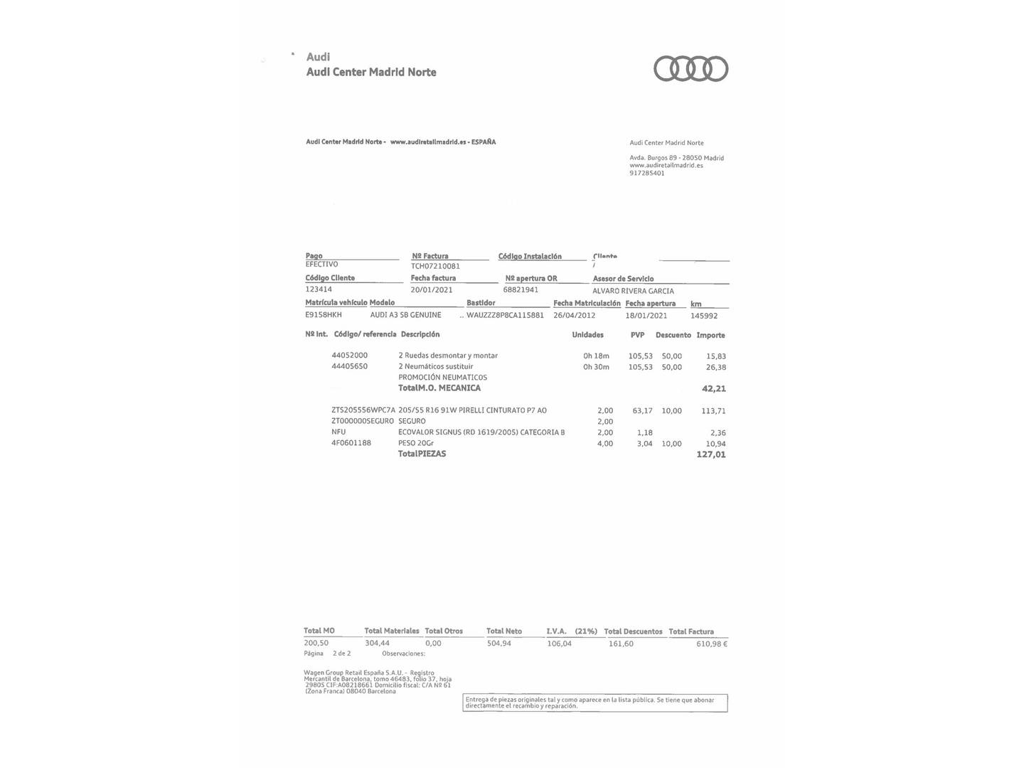 Foto del mantenimiento del Audi A3 Audi A3 Sportback A3 Sportback Attraction 1.6 TDI (105 CV)