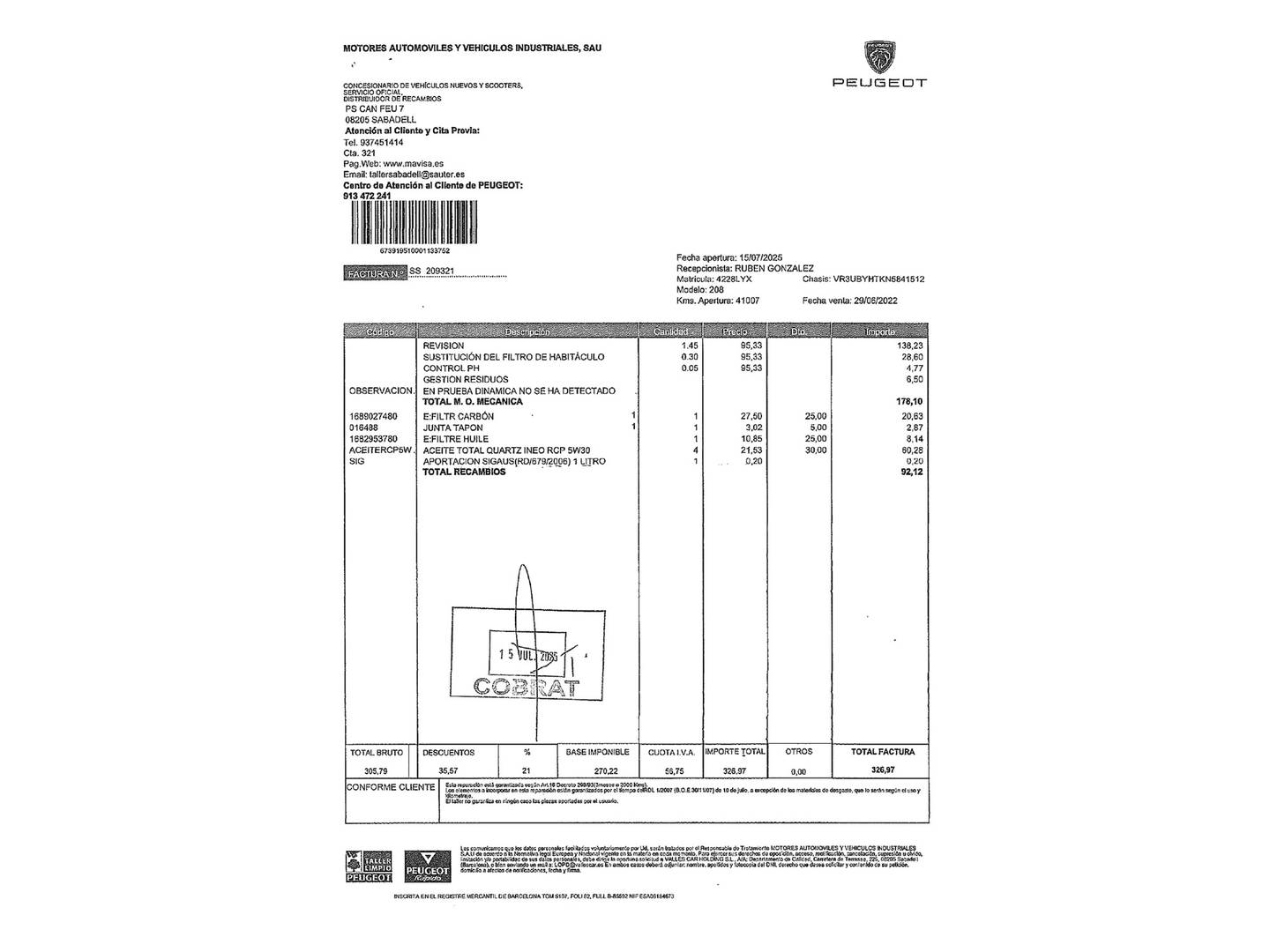 Foto del mantenimiento del Peugeot 208 Peugeot 208 BlueHDi 100 GT (100 CV)