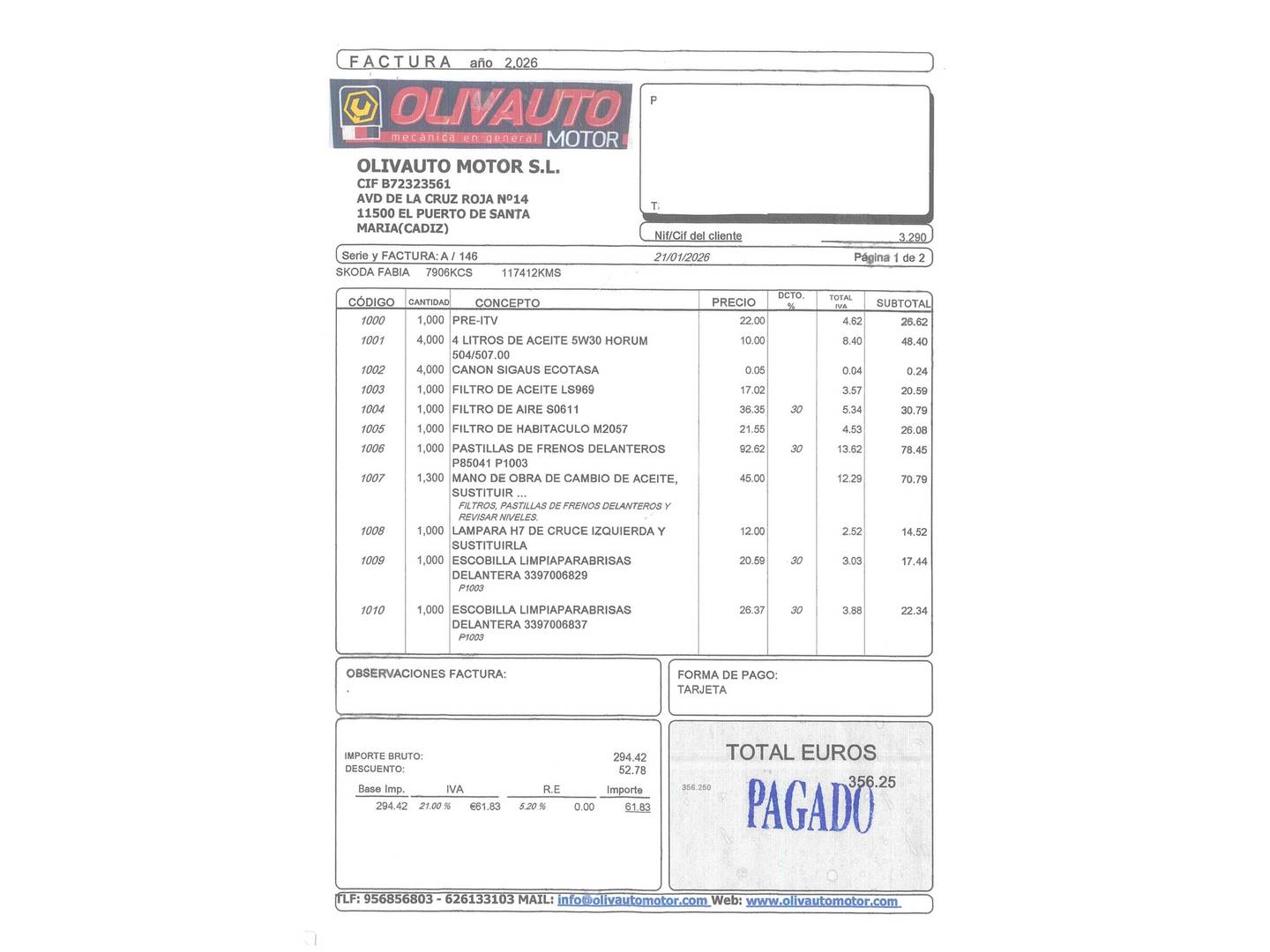 Foto del mantenimiento del Skoda Fabia Skoda Fabia 1.0 TSI Like (95 CV)