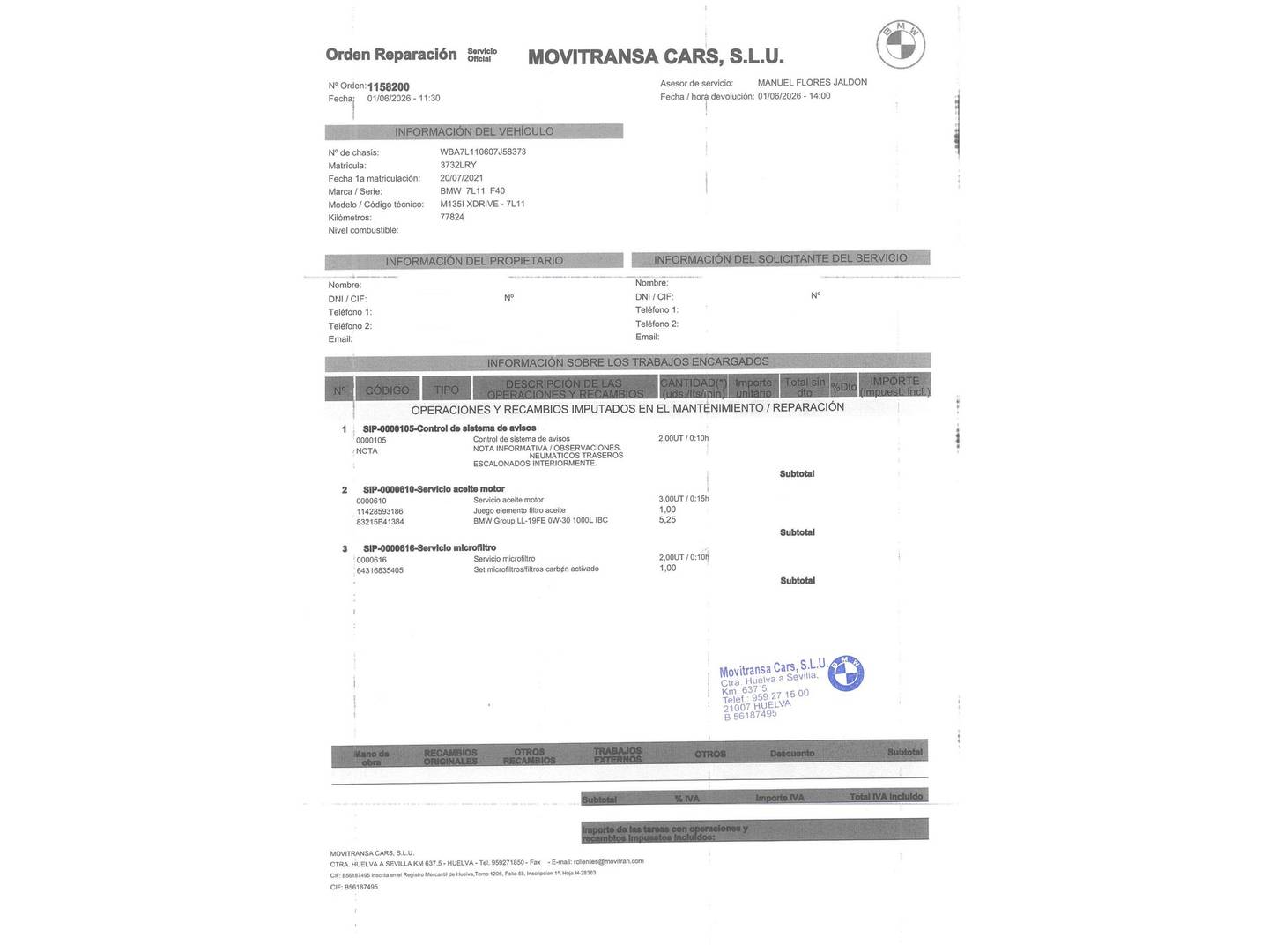 Foto del mantenimiento del BMW Serie 1 BMW Serie 1 M135i (306 CV)