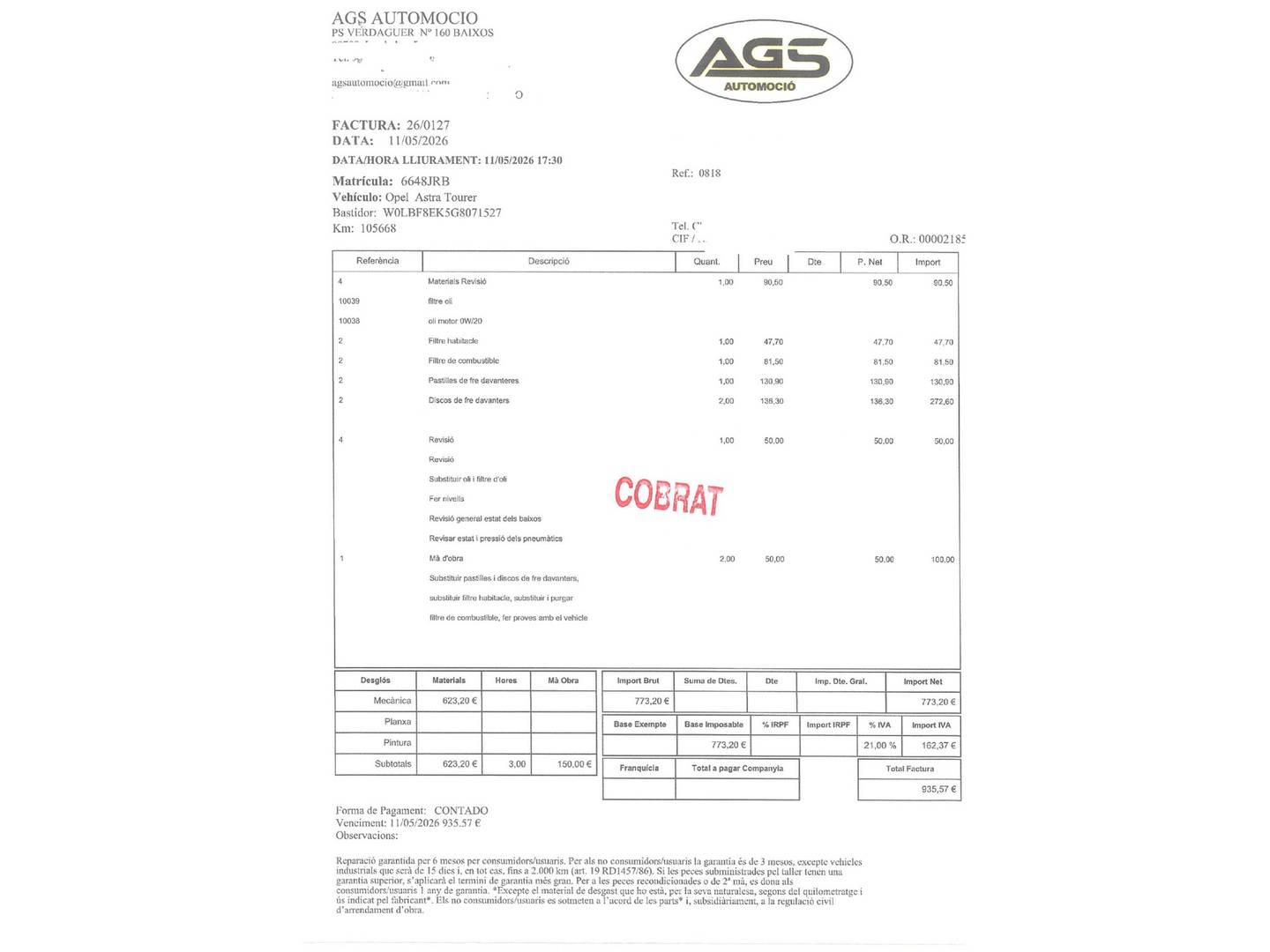 Foto del mantenimiento del Opel Astra Opel Astra Sports Tourer 1.6 CDTI S&S Dynamic (136 CV)
