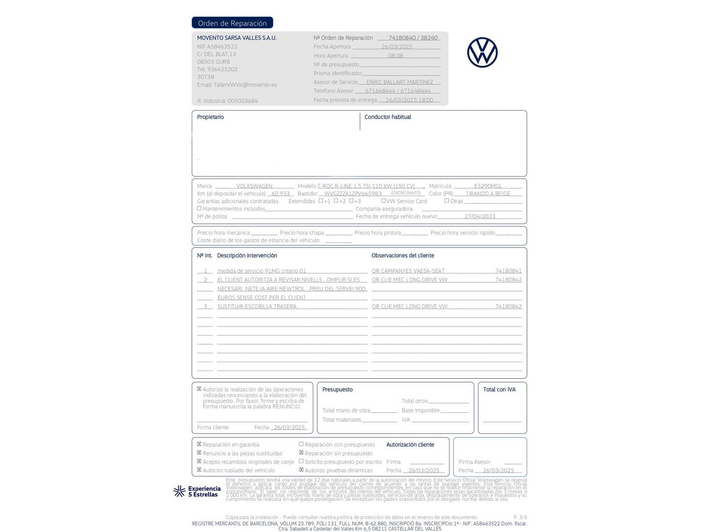 Foto del mantenimiento del Volkswagen T-Roc Volkswagen T-Roc R-Line 1.5 TSI (150 CV) DSG