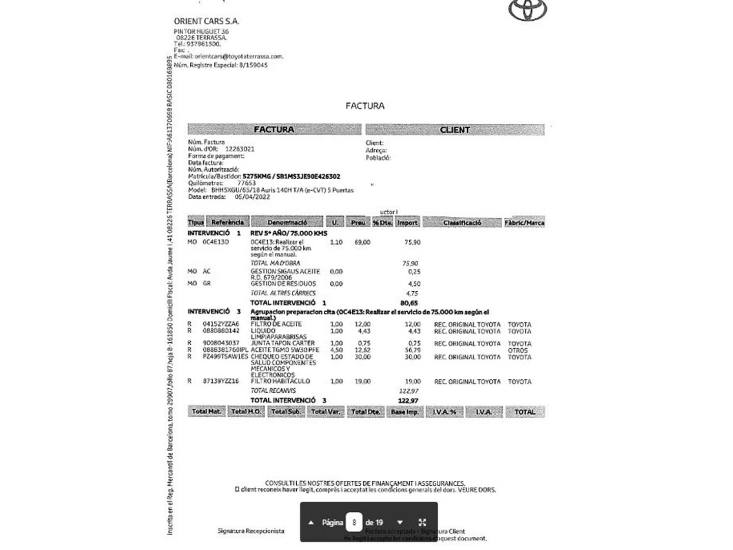 Foto del mantenimiento del Toyota Auris Toyota Auris 1.8 140H Hybrid Feel! Edition