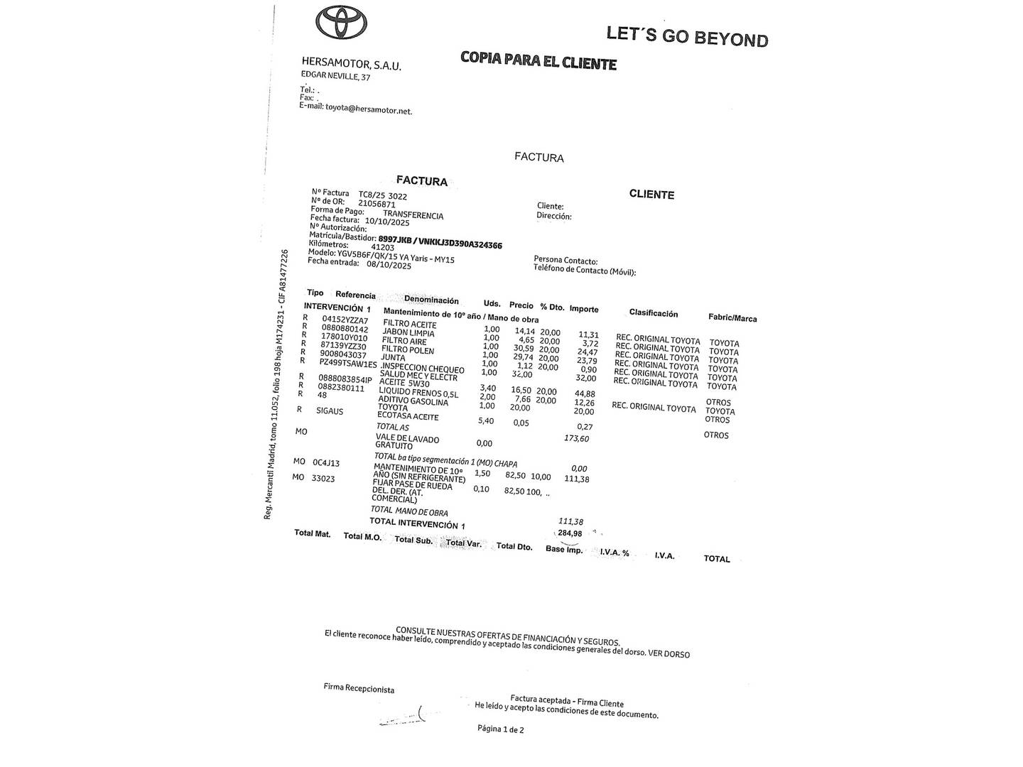 Foto del certificado del Toyota Yaris Toyota Yaris 100 Active (99 CV)