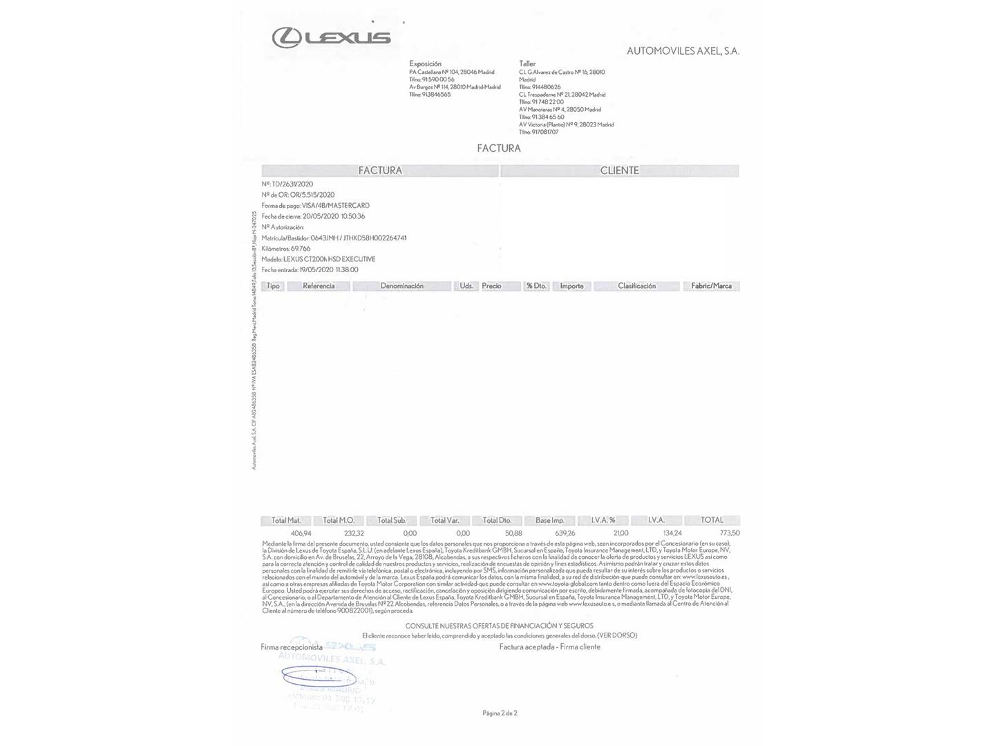 Foto del mantenimiento del Lexus CT Lexus CT 200h Executive 100 kW (136 CV)