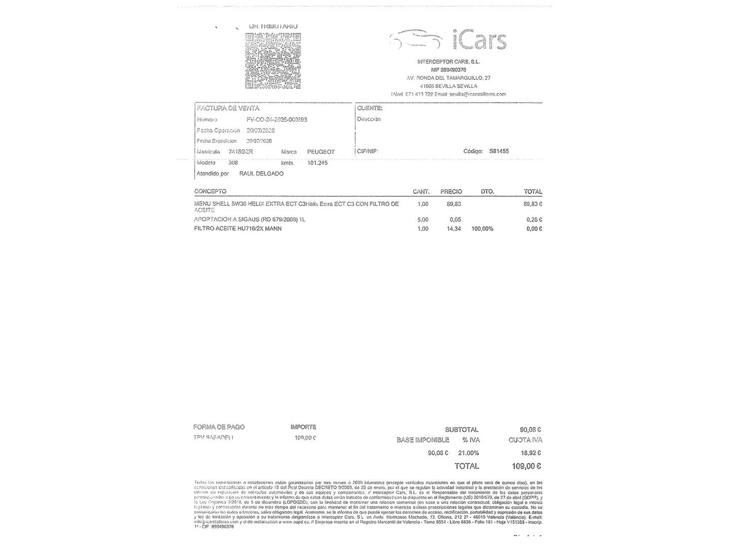 Foto del mantenimiento del Peugeot 308 Peugeot 308 1.6 HDI Envy (92 CV)