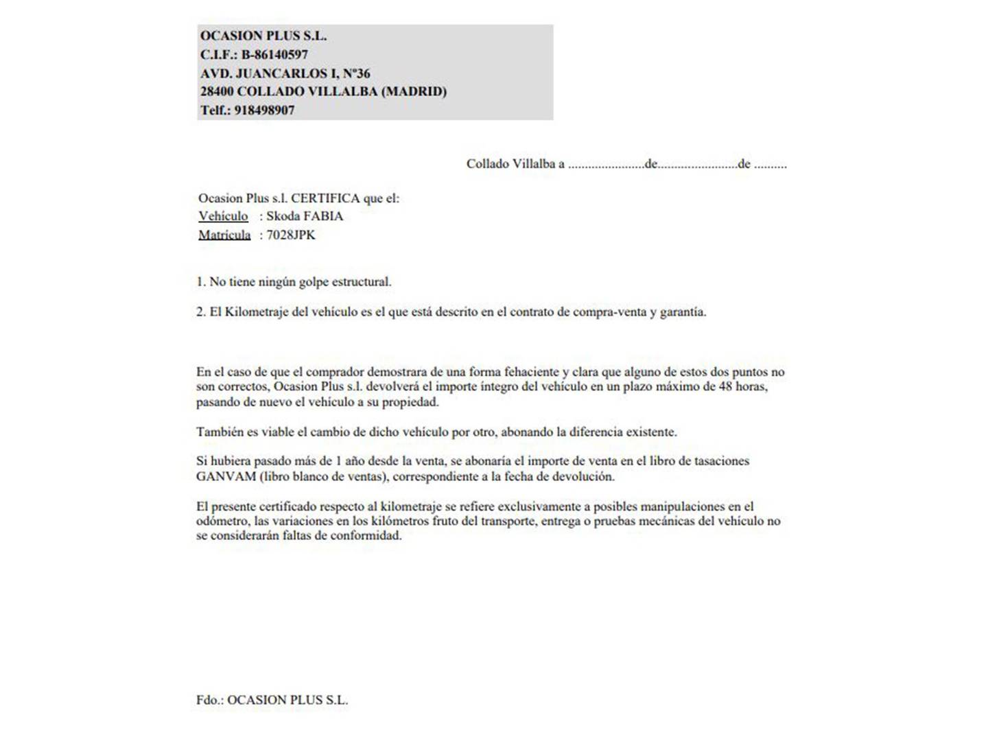 Foto del certificado del Skoda Fabia Skoda Fabia 1.0 MPI Ambition (75 CV)