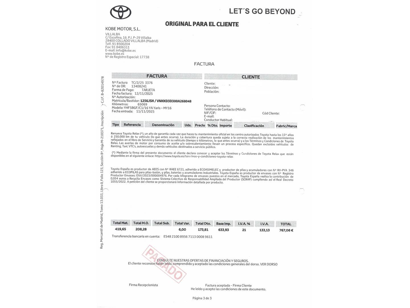 Foto del mantenimiento del Toyota Yaris Toyota Yaris 1.5 Hybrid Active (100 CV)