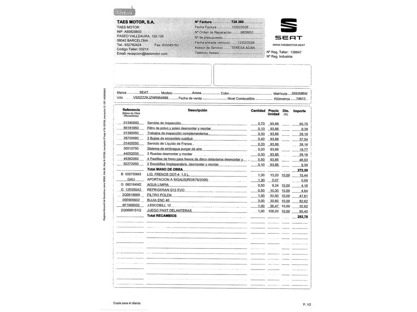 Foto del mantenimiento del Seat Arona Seat Arona 1.0 TSI Reference  (95 CV)